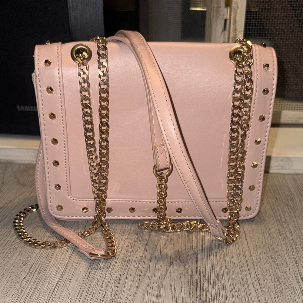 Blush Pink Studded Crossbody Bag with Gold Chain Strap